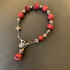 Natural Red Coral & Sterling Silver Beaded Bracelet With JOY Charm 8”