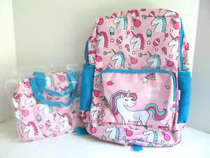 Girls Unicorn Backpack Book Bag W/ Lunch Box Pink Padded Adjustable Straps F