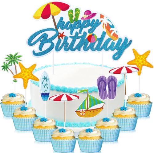 Summer Beach Happy Birthday Cake Toppers - Blue Glitter Hawaiian Cake Decoration