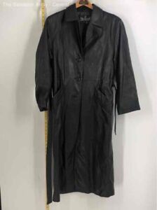 JL Colebrook Womens Black Leather Long Sleeve Single-Breasted Trench Coat Size M