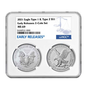 2021 $1 Type 1 and Type 2 Silver Eagle Set NGC MS69 ER Blue Label