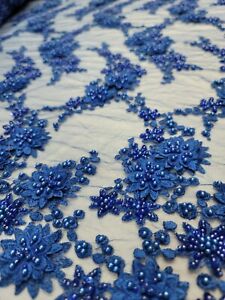 Royal Blue 3d Floral Beaded Lace Embroidery Pearls  Flowers  Mesh Fabric By Yard