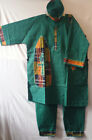 Men African 3Pcs Dashiki Pant Set Cap With Kente Patch Work T Green Free Size