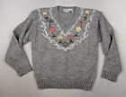 VINTAGE WOMEN'S GRAY FLORAL PRINT WOOL BLEND PULLOVER SWEATER - RUSS - SIZE L