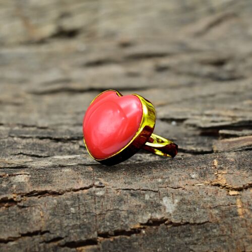 Unisex Heart Red Coral 18k Gold Plated Sterling Silver Handmade Ring All Size