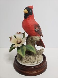 Andrea By Sadek Red Porcelain Cardinal Bird Figurine & Flower  #8627 Wood Base