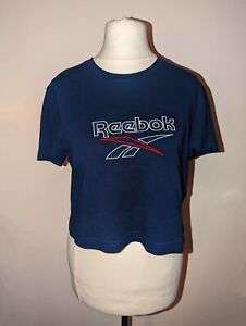 Vintage Reebok Cropped T-shirt Spell Out 90s Y2K Sports Top Navy Size Small