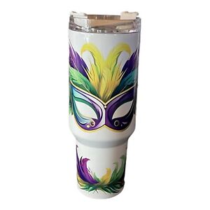 40oz Stainless Steel Sublimation Tumbler W/Handle~Mardi Gras~Mask~Feather~Coffee