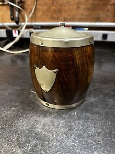 Antique English Oak Biscuit Barrel Tobacco Jar Oak Porcelain Lined Shield