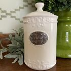 THL Ceramic COFFEE Canister Embossed Scrolls Ribbed Off-White Silver Label 8