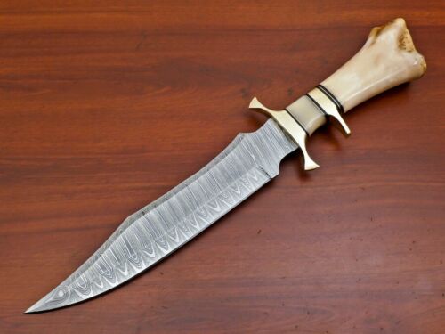Custom Handmade Damascus steel hunting knife Camel Bone with leather sheath