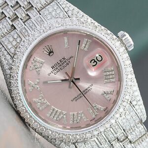 ROLEX DATEJUST ICED OUT MENS FULLY LOAD GENUINE DIAMONDS PINK DIAL 36MM WATCH