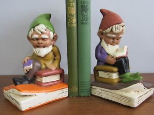 Vintage 1960s Mid Century Ceramic Gnome BOOKENDS Elves Reading Pair