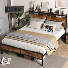 King Metal Bed Frame with Charging Station USB Ports 2-Tier Storage Headboard