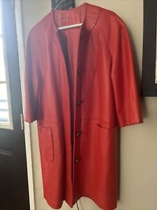 Vintage Genuine Leather Red Long Trench Coat S-M Collarless