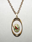 Vintage Oval Porcelain Cardinal Pendant Necklace Gold Tone