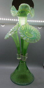 Northwood Art Glass Green Opal Threaded 4 lily epergne with RARE Round Base