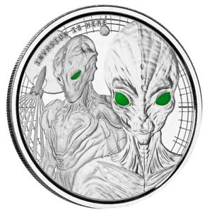2023 Ghana Alien Invasion 1 oz Silver Proof Like Color Eyes Coin w/COA & Box