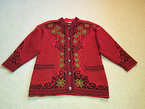 Womens Sweater-NORLAENDER NORWAY-red/navy floral wool Norwegian cardigan ls-XS/S