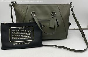 Coach Women's Military Green Simple Leather Tote Handbag W/ Black Makeup Bag