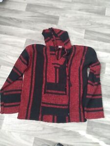 Vintage Large Poncho BAJA Hoodie Unisex Jacket Mexico Black Red Stripes