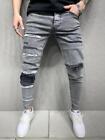 Men's Grey Ripped Jeans Patch Denim Pants Distressed Skinny | 3-5 DAYS DELIVERY