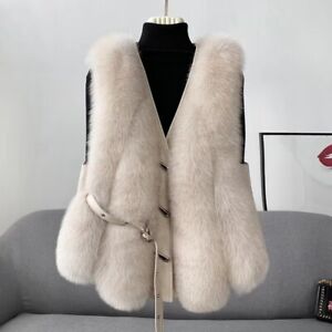 Real Fox Fur Winter Mid-length Vest Womens Sheepskin Slim Jacket Gilet Waistcoat