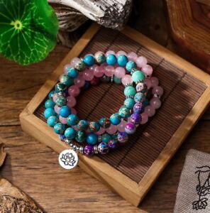 108 Mala Beads Natural Jasper Stone Rose Quartz Lotus Pendant Necklace Handmade