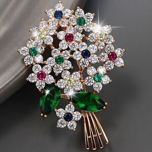 Vintage Flower Rhinestone Brooch Gold Pin Crystal Brooches Jewelry Gifts Wedding