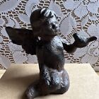 Angel Sitting Figurine with Bird Cherub Statue Garden Rustic Cast Iron 3.5