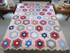 Vintage Colorful 70s Cotton Hand Pieced & Quilted FLOWER GARDEN Quilt; 79