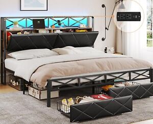 King Size Bed Frame with Storage Headboard & Led Lights, Metal King Platform Bed