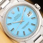 ROLEX MENS DATEJUST 18K WHITE GOLD STAINLESS STEEL AQUA BLUE OYSTER WATCH