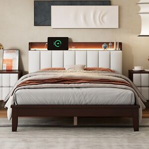 LED Bed Frame with USB Charging Station and Storage Upholstered Headboard Modern