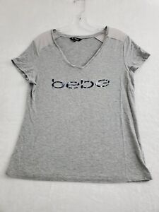 Bebe Sport Athletic T-Shirt Womens Medium Gray Blue Logo Graphic Knit Top