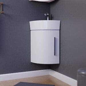White Corner Bathroom Cabinet Sink Wall Mount With Faucet Drain and Overflow