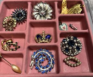 Vintage Brooch Lot Rhinestone 13 Pieces Crown Enamel Heart Flower