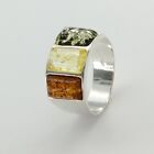 Size 10 - Square Multi-Color BALTIC AMBER Ring 925 STERLING SILVER #4061