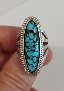 Old Pawn Navajo Spiderweb Turquoise & Sterling Silver Ring -Size 5.5 - 10 Grams-