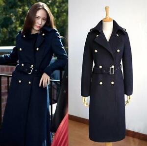 Women British Style Wool Blend Military Trench Coat Double-breasted Jacket Coats