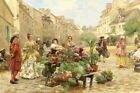 Street Sale Flower Market Scene Oil painting Art Giclee Printed on Canvas P1130
