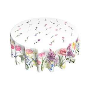 Spring Tulip Floral Tablecloth Round 60 Inch Colorful Watercolor Vintage Flow...