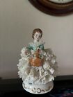 EUC Mv dresden Porcelain lace Flower girl figurine green dress rose basket