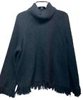 Tory Burch Womens Size L Black Jennifer Fringe Wool Alpaca Blend Sweater