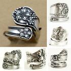 Vintage 925 Silver Spoon Ring Women Flower Leaf Carved Ring Party Band Open Size