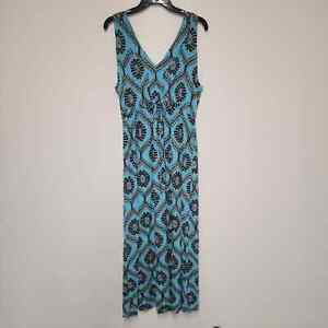 Fresh Produce XL Maxi Dress Teal and Brown Print V Neck Stretch Jersey Rayon