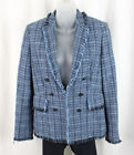 Akris Punto Blue Tweed Cotton Blend Fringe Accent Long Sleeve Open Jacket Size 6