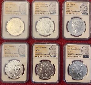 2021 6 Coin Silver Morgan, Peace Dollar Set NGC MS70/69  w/Case, Boxes, and COA