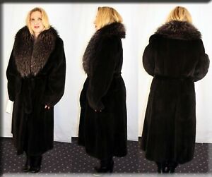 New Black Sheared Mink Fur Coat Finnish Raccoon Fur Collar Size XL Extra Large