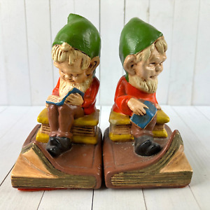 VTG GNOME BOOKENDS PAIR SITTING BOOKS READING ELF RETRO Mid Century Kitschy 60s